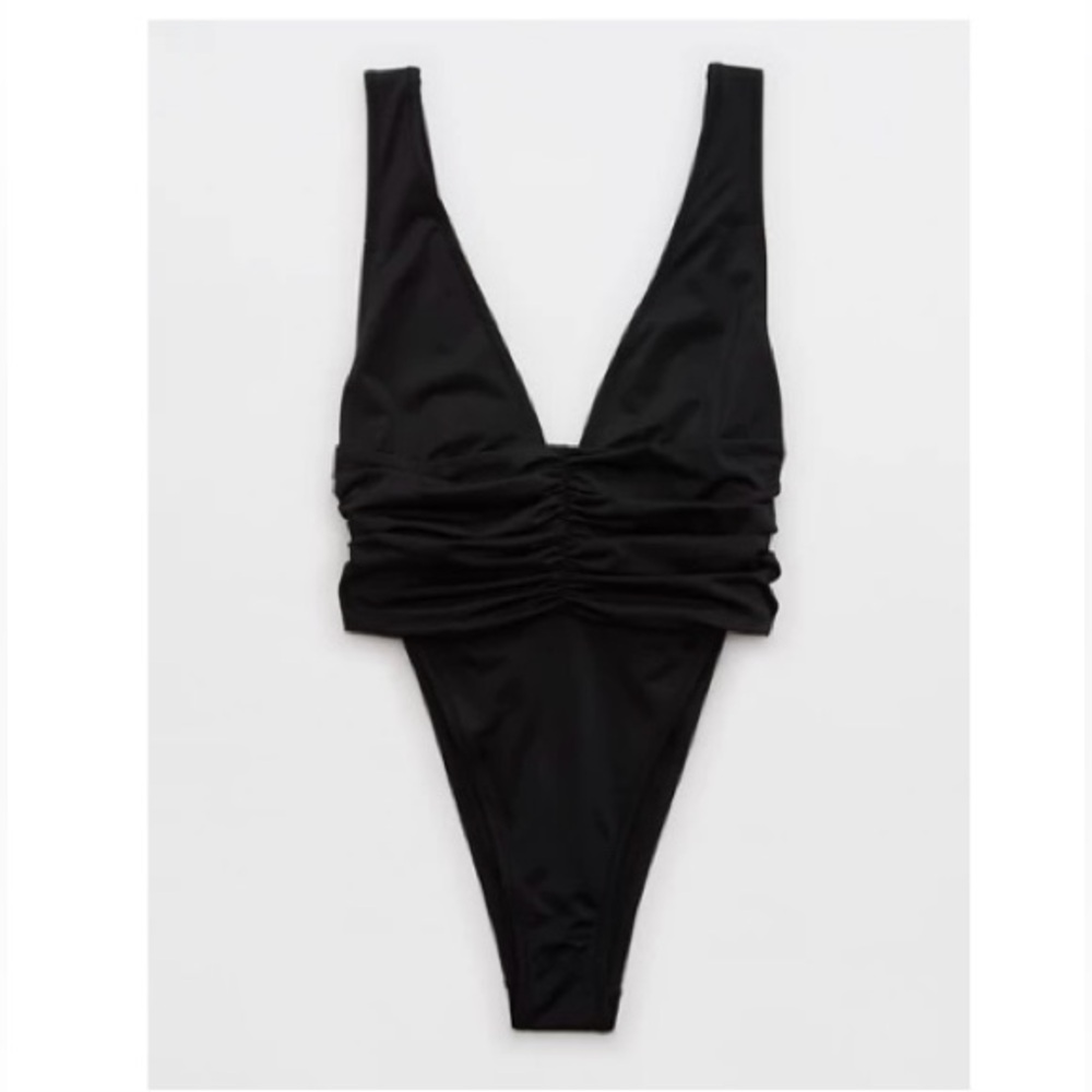 Aerie True Black Ruched One-Piece Swimsuit